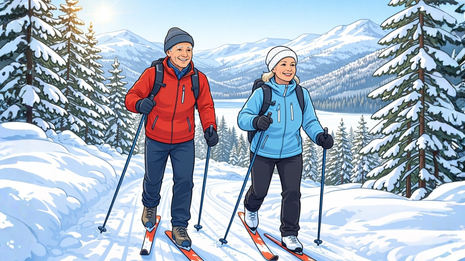 Illustration of an elderly couple skiing in Norway.