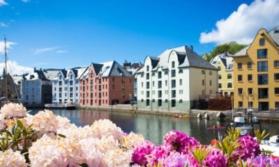 Buildings and flowers in Ålesund, Norway, in the summer