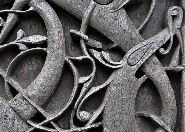 Detail of Viking-inspired carvings on Urnes Stave Church in Sogn og Fjordane