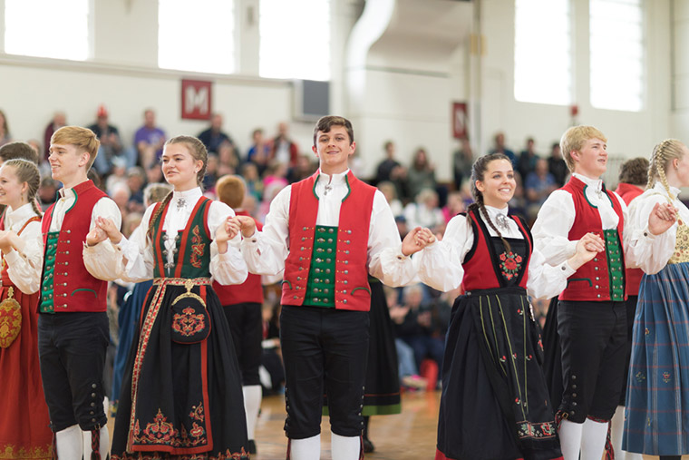 Young American people dressing up for a dance at a Norway Constitution Day celebration in Wisconsin, USA