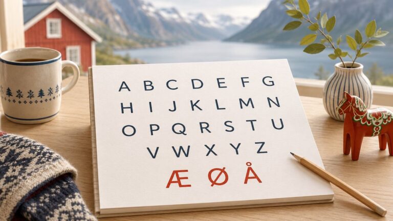 Illustration of the Norwegian alphabet on a notepad on a desk with a fjord view.