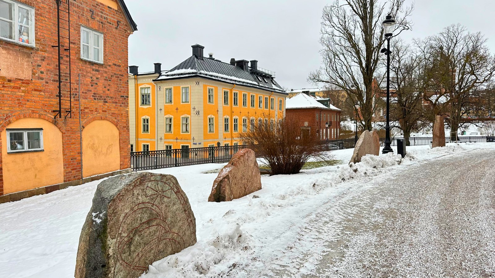 Runestones at Uppsala Cathedral in Sweden. Photo: David Nikel.