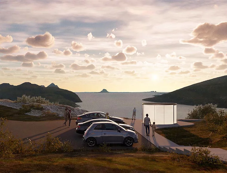 Sjonfjellet, Helgelandskysten. Rest area with toilet facilities and views towards the fiord, the coastline and the open sea. 