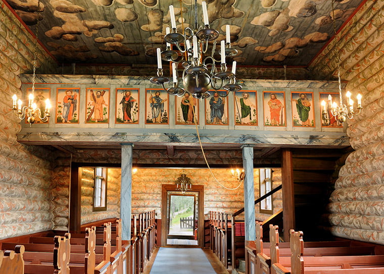 The striking interior of the timber Sollia Church built in 1738.