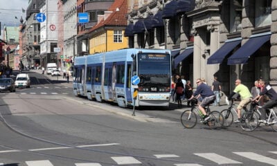 A tram and bicycles in downtown Oslo, Norway
