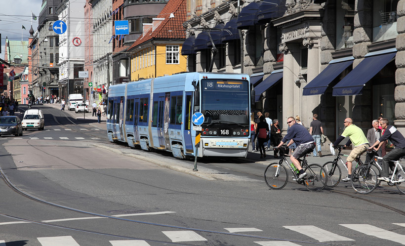 A tram and bicycles in downtown Oslo, Norway