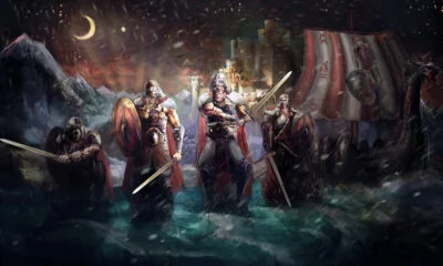 Illustration of Viking warriors and a longship