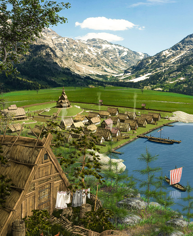 A 3D render of a historic Viking settlement in Norway