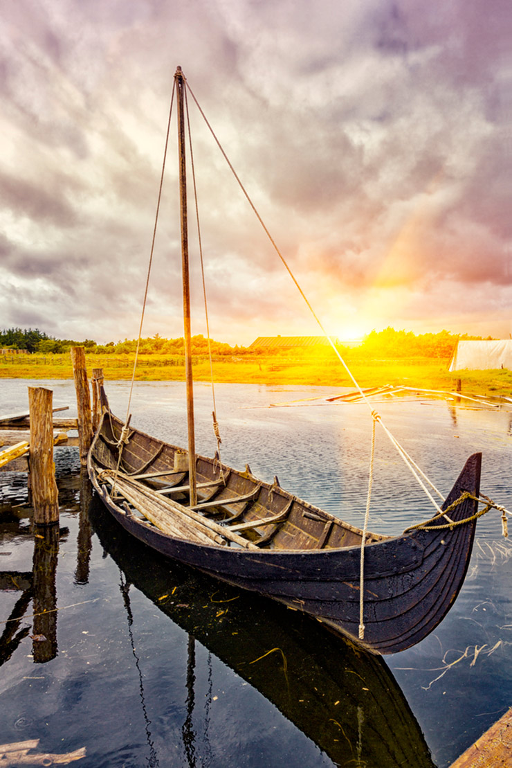 Rebuilt Viking ship in the water in Denmark