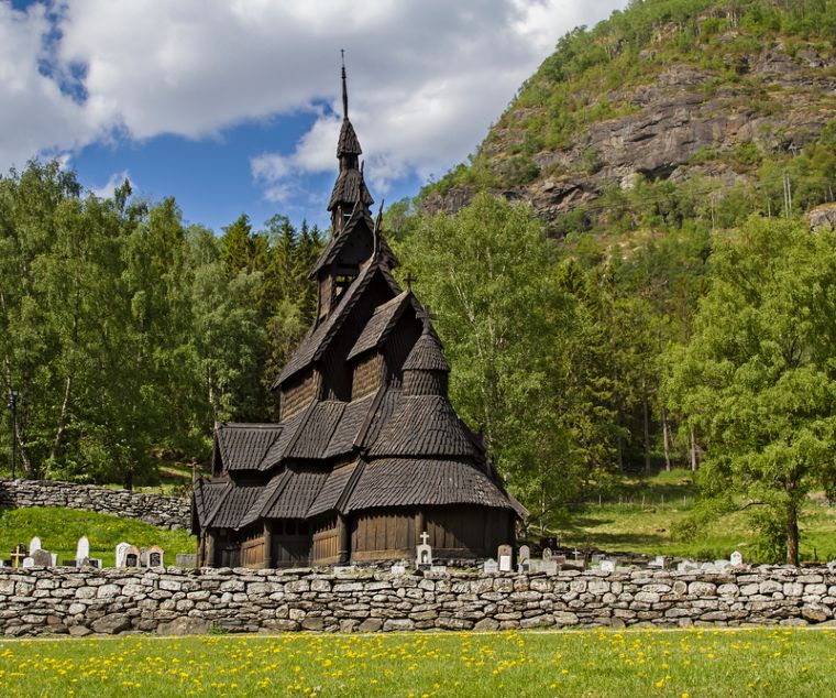 The beautiful setting of Borgund Stave Church in Norway