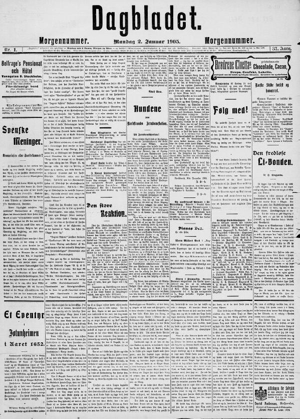 Forsiden av Dagbladet fra januar 1905.