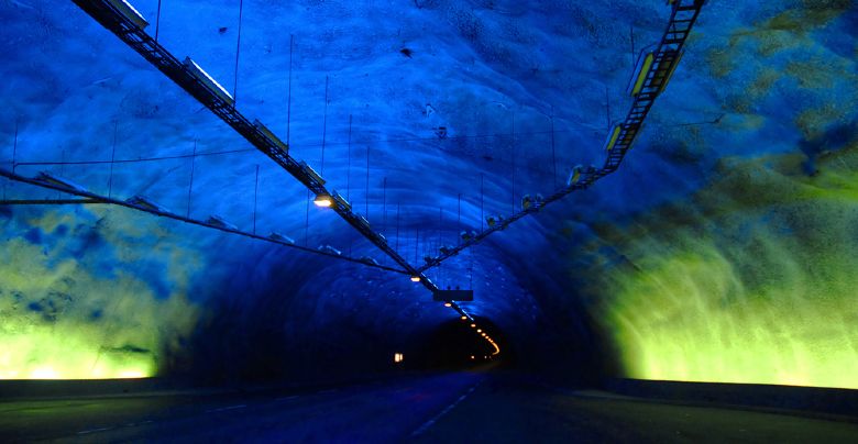 Inside the long Lærdal tunnel in Norway