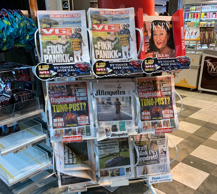 Daily newspapers on sale at a kiosk in Norway