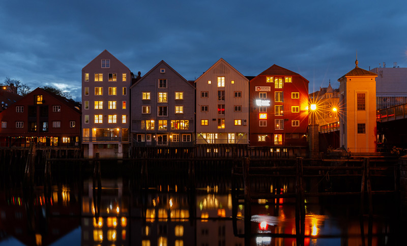 The historic Trondheim riverside by night