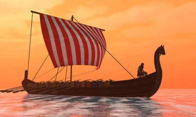 Viking ship with orange sky