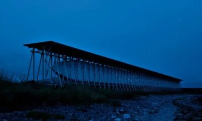 Witch memorial in Vardø, Norway, in blue light