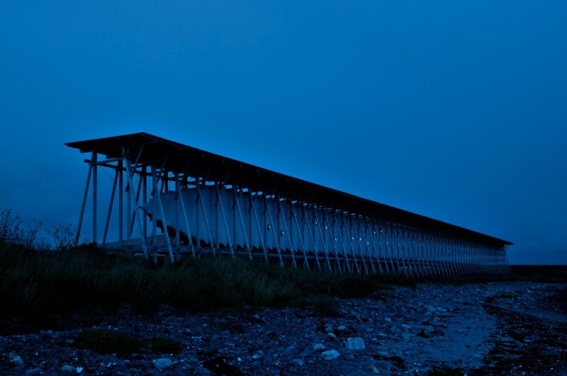 Witch memorial in Vardø, Norway, in blue light