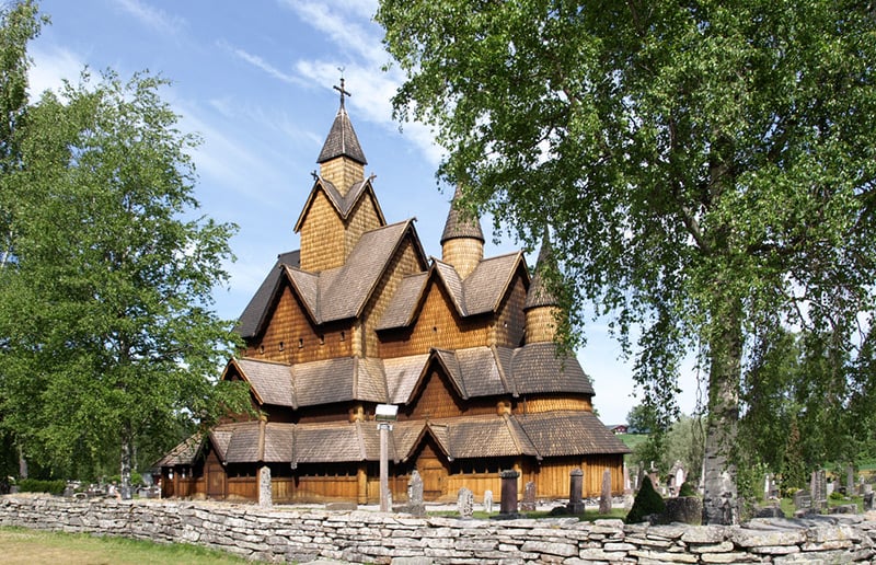 The remarkable exterior of the wooden Heddal stave church in Norway