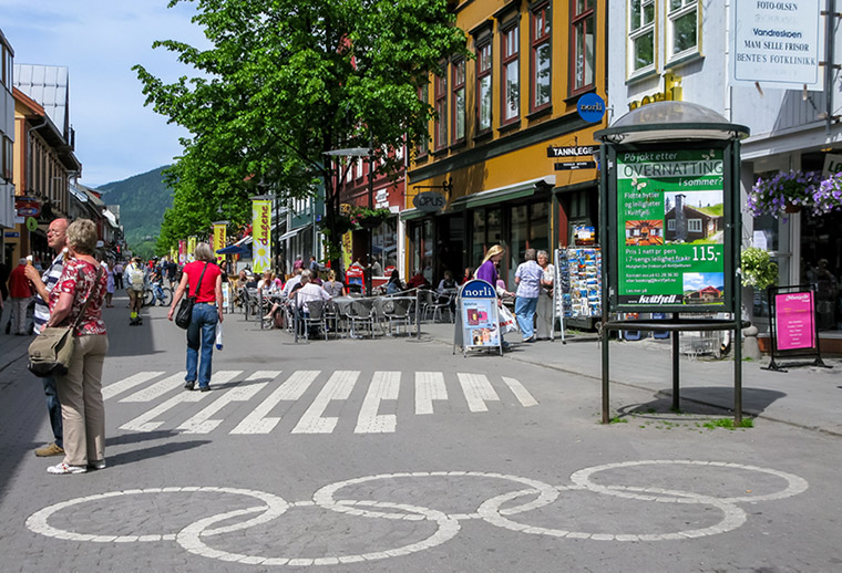 Olympic rings on the pedestrian street in Lillehammer town centre, Norway