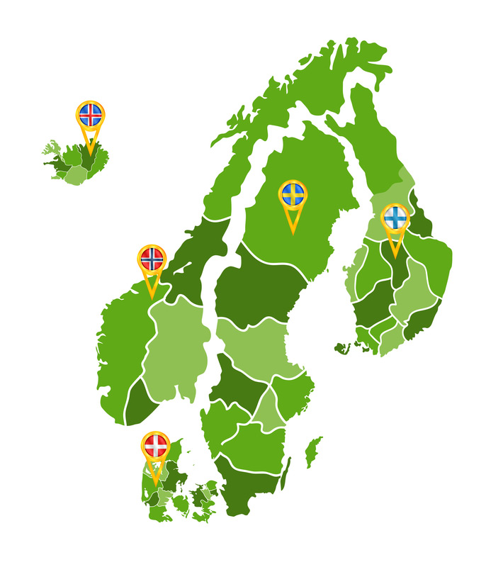 Map of the Nordic region with flags of each country