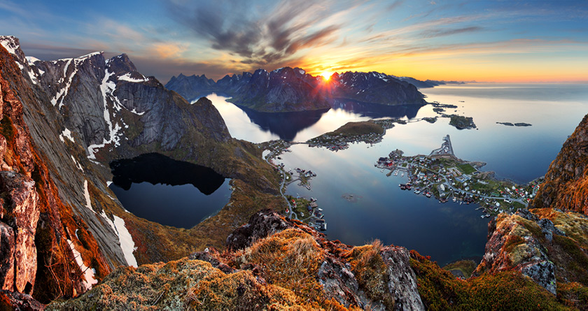 An iconic Norway mountain view in the Lofoten islands