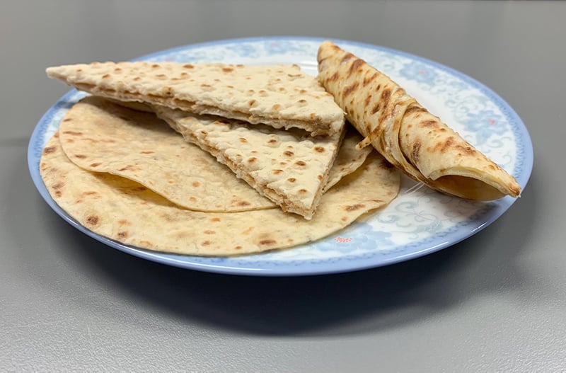 Norwegian lefse on a plate in a Norway kitchen.