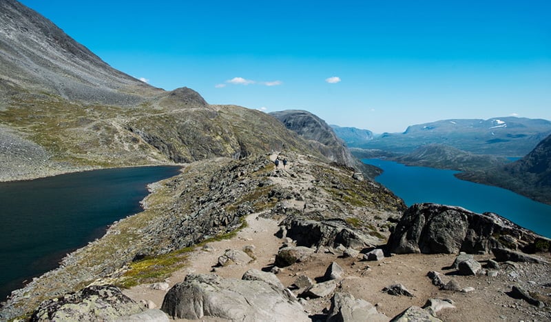 The lakes of the Besseggen ridge in the Norwegian mountains