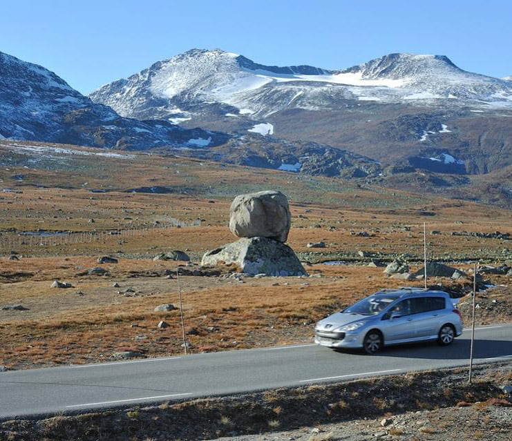 The artwork 'Rock On Top Of Another Rock' catches the eye as you drive along the Valdresflye road in Norway