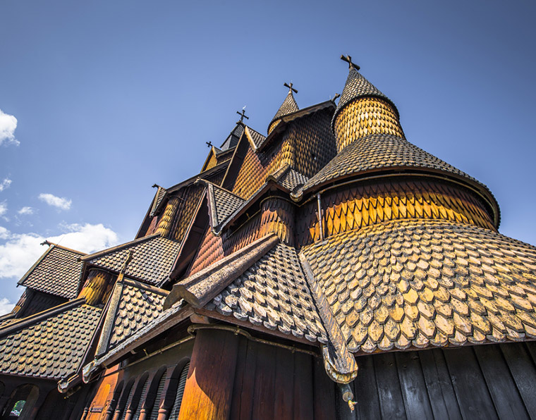 A close shot of the wooden exterior of Heddal stave church in Norway