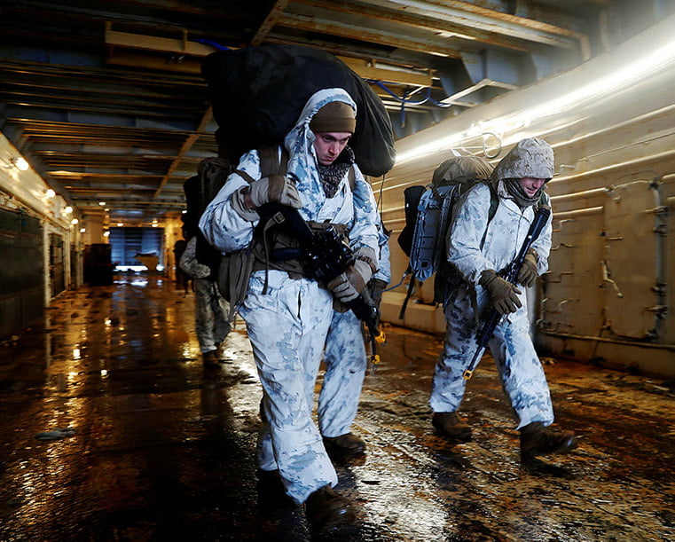 Marines from the US Marine Corps during an amphibious operation on the winter exercise Cold Response 2020 in Norway