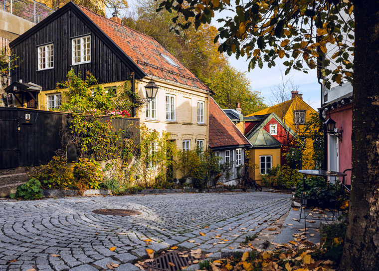 Autumn weather in a cobbled street in Oslo. Norway