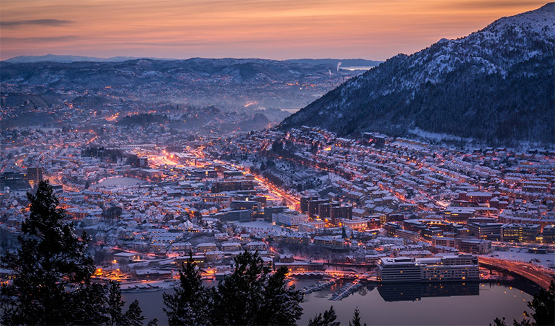 A panorama of Bergen in twilight