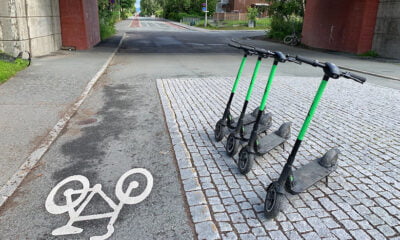 Electric rental scooters outside Lerkendal Stadium in Trondheim, Norway