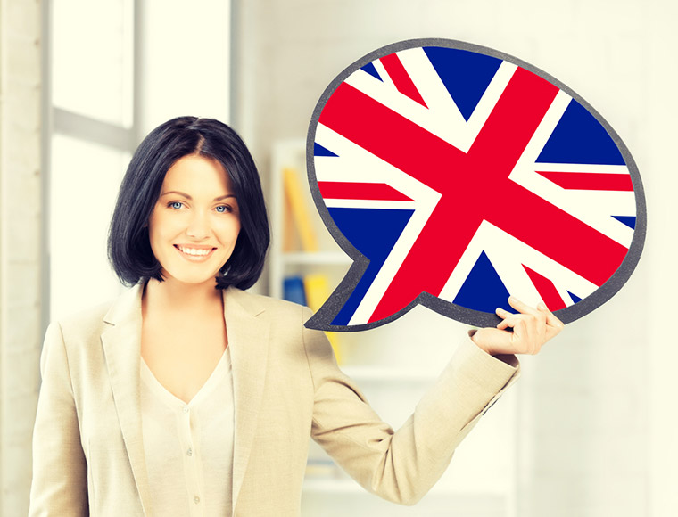 Scandinavian woman holding a speech bubble featuring the Union Flag of the UK