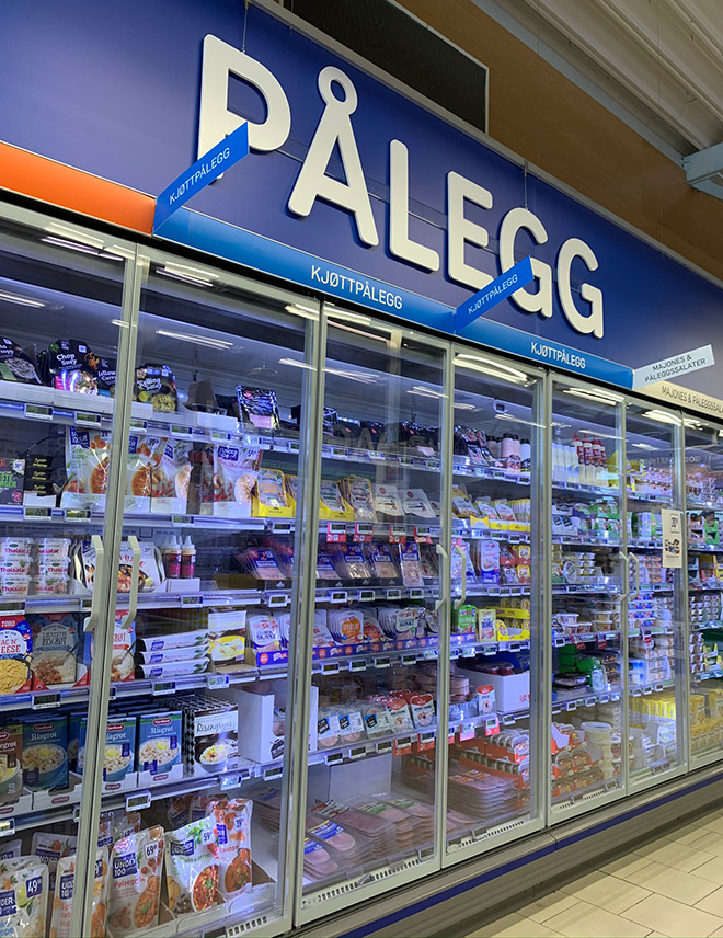 Pålegg refrigerated section in a Norwegian supermarket