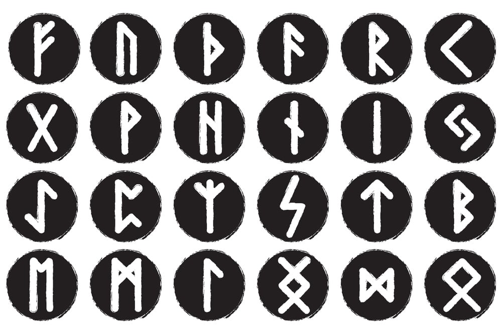 Viking runes alphabet on black circles