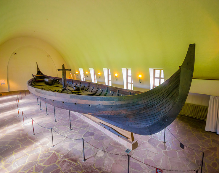 The restored Gokstad ship on display at the Oslo museum