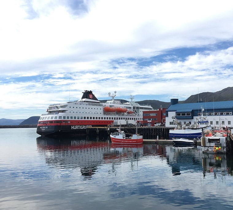 Hurtigruten ship at the dock in Honningsvåg, northern Norway