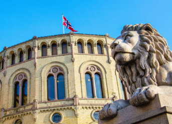 Lion statue outside the Norwegian parliament building in Oslo, Norway