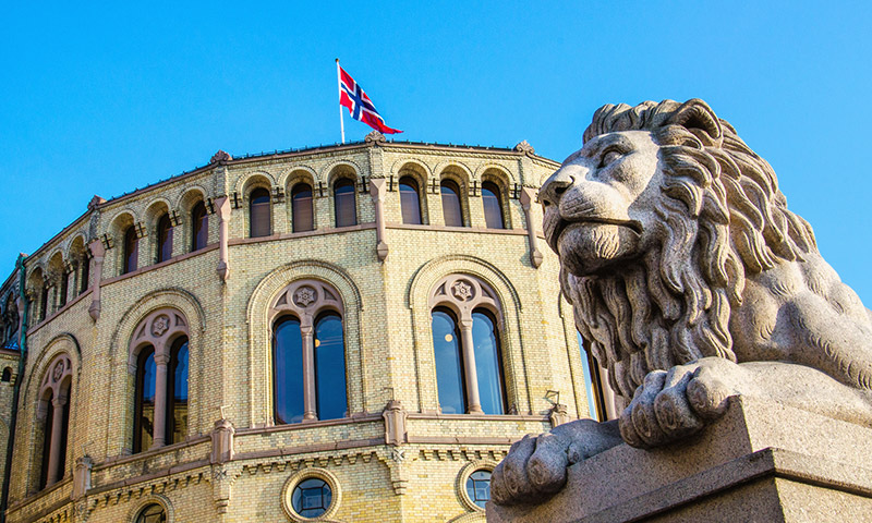 Lion statue outside the Norwegian parliament building in Oslo, Norway