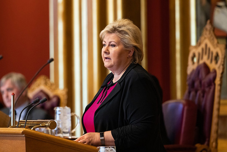 Norway Prime Minister Erna Solberg speaking at the Norwegian Parliament