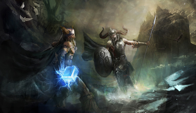 Illustration of the Viking eternal battle with Thor and Loki.