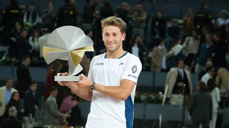 Casper Ruud of Norway after his victory in the Men's Singles Final during the Mutua Madrid Open 2025 tournament celebrated at La Caja Magica on May 4, 2025 in Madrid, Spain. Photo: Oscar Gonzalez Fuentes / Shutterstock.com.