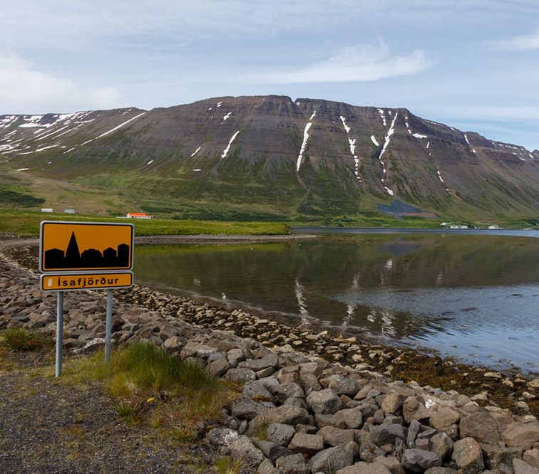 A road sign at the entrance to Isafjordur, Iceland