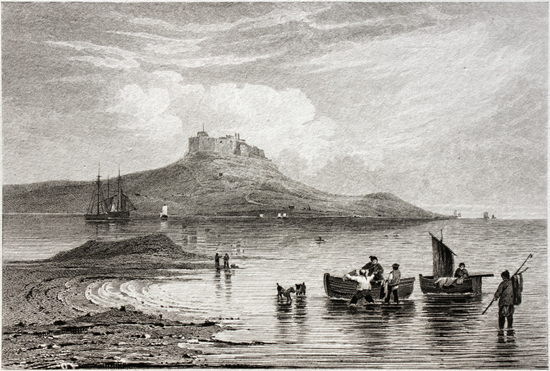 A drawing of Lindisfarne castle and fishing boats