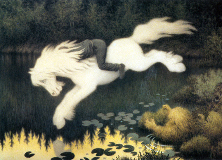 The nøkken appearing as a white horse in Norway