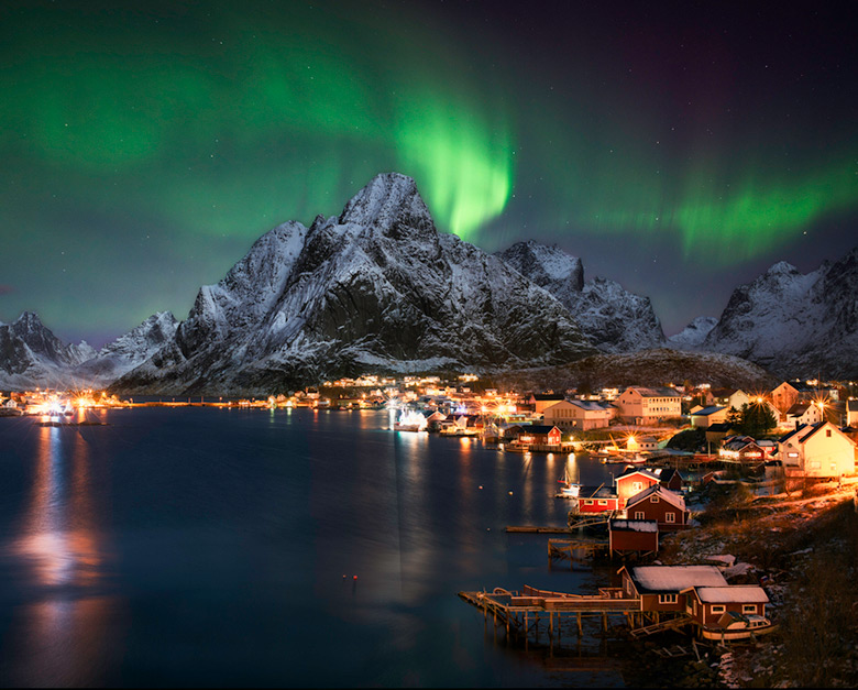 A northern lights display above Reine in Norway's Lofoten islands