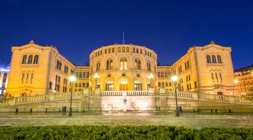 The Norwegian Parliament building in Oslo, Norway