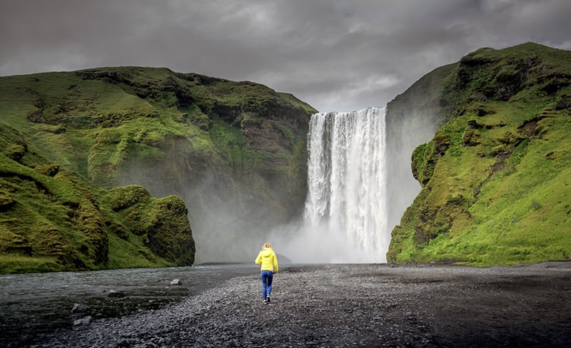 The Skogafoss waterfall in an Icelandic summer