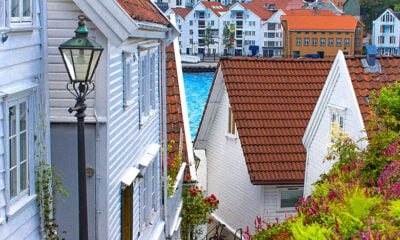 Historic white houses in old Stavanger, Norway